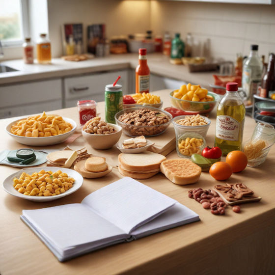 A kitchen counter with processed foods, sugary snacks, and alcohol, alongside a notebook with health tips.