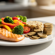 A close-up shot of a plate with a healthy meal and a small pile of coins next to it.