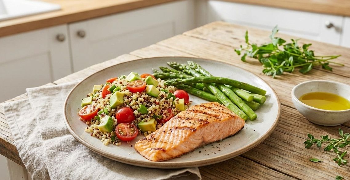 Balanced healthy meal with fresh ingredients and elegant presentation, lifestyle nutrition photography