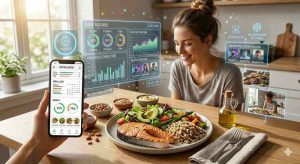 A modern kitchen scene with a person using a smartphone nutrition tracking app, balanced meal with vegetables, lean protein, and whole grains on the table.