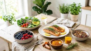 Colorful anti-inflammatory foods including berries, salmon, leafy greens, turmeric, and nuts arranged on a table, bright natural lighting, clean and healthy aesthetic.