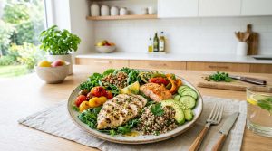 Healthy balanced meal with leafy greens, grilled protein, nuts, and colorful vegetables, clean modern kitchen background, natural lighting, vibrant and fresh presentation.