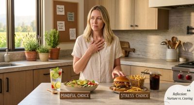 person reflecting before choosing food, balanced healthy meals vs junk food comparison